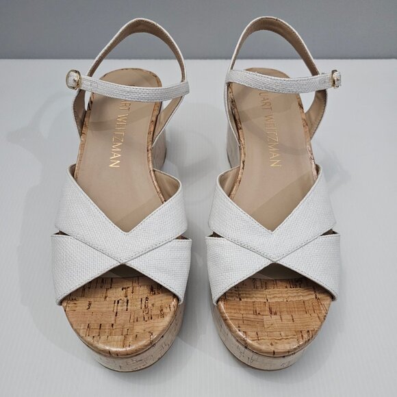 NEW Stuart Weitzman Carmen Midi Wedge Sz 9.5 Sandal Platform White Leather Cork - Picture 4 of 14